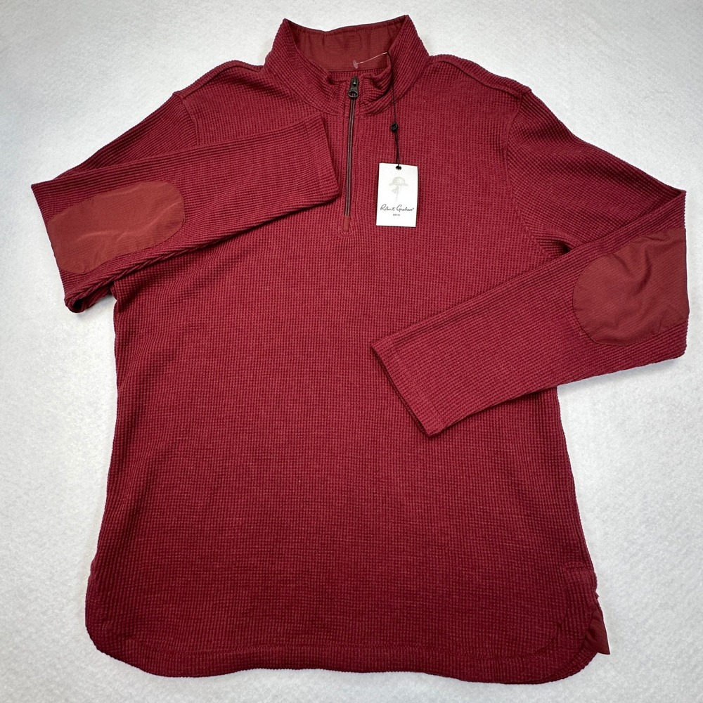 Robert Graham Shepton Top Mens 2XL Red Waffle Knit Quarter Zip Elbow Patches NEW - Picture 3 of 10